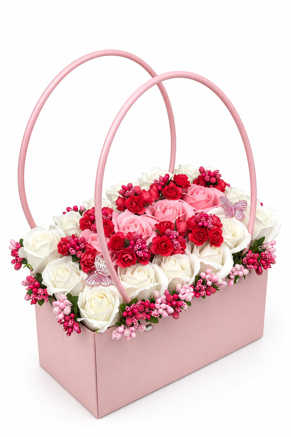 Aranjament din flori parfumate de sapun "PINK ROMANCE" tip cosulet cu 17 trandafiri