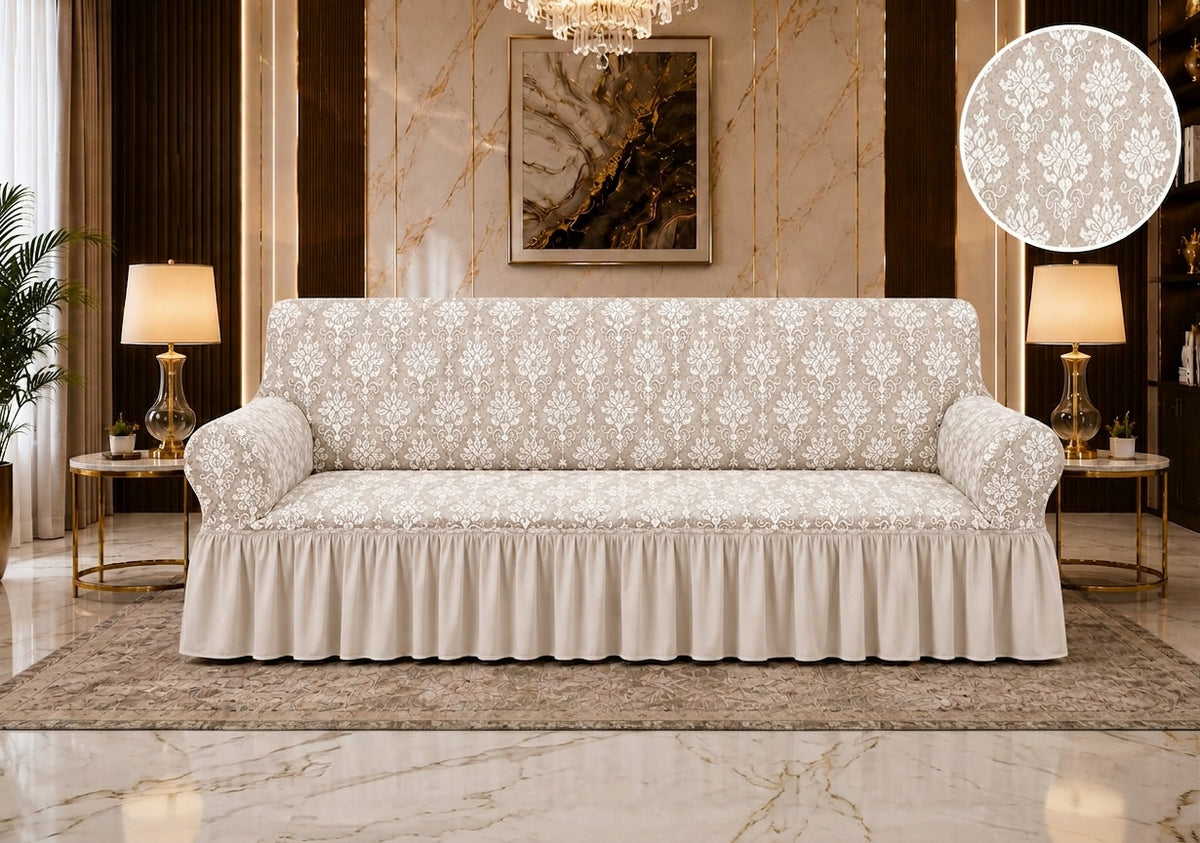 Husa elastica pentru canapea 3 locuri cu volanase, model Jacquard
