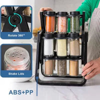 Set 18 recipiente condimente cu suport rotativ, 34x23 cm, pivotant 360°, negru