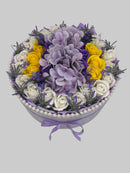 Aranjament cu Hortensie și Trandafiri de sapun in cutie de catifea."Lavender Sunshine"