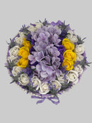 Aranjament cu Hortensie și Trandafiri de sapun in cutie de catifea."Lavender Sunshine"