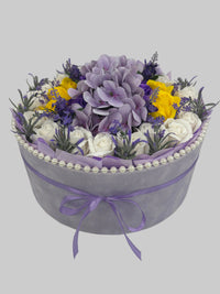 Aranjament cu Hortensie și Trandafiri de sapun in cutie de catifea."Lavender Sunshine"