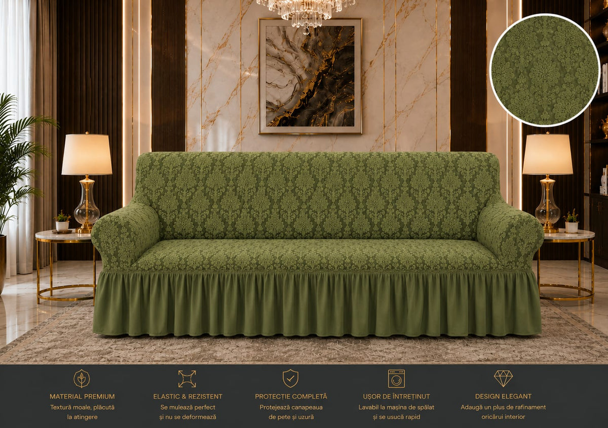 Husa elastica pentru canapea 3 locuri cu volanase, model Jacquard