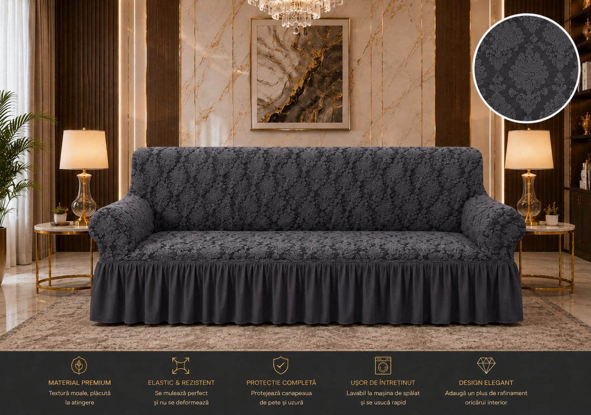 Husa elastica pentru canapea 3 locuri cu volanase, model Jacquard