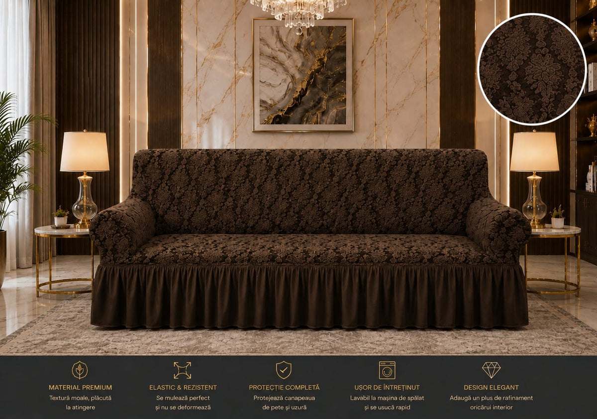 Husa elastica pentru canapea 3 locuri cu volanase, model Jacquard