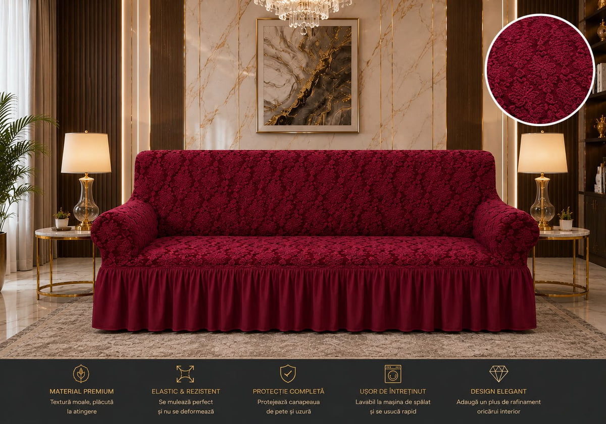 Husa elastica pentru canapea 3 locuri cu volanase, model Jacquard