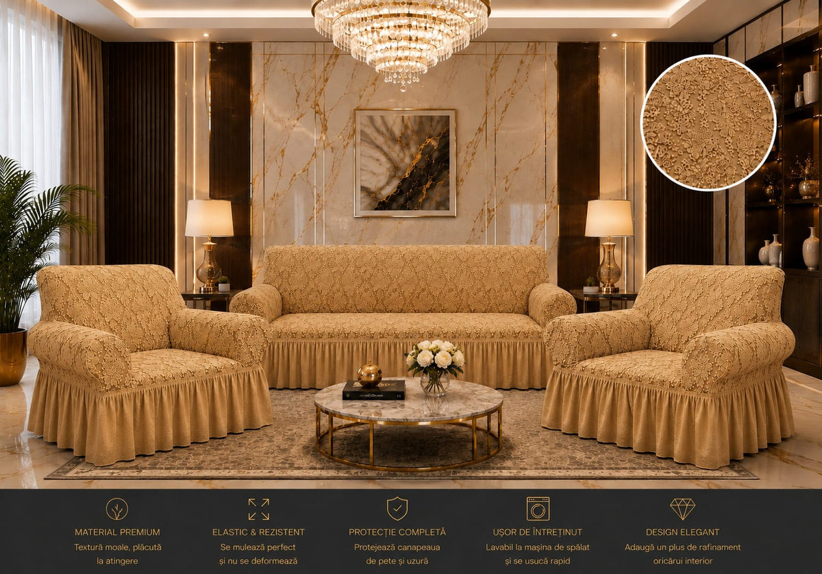 Set huse pentru canapea 3 Locuri si 2 fotolii, cu volanas, model Jacquard