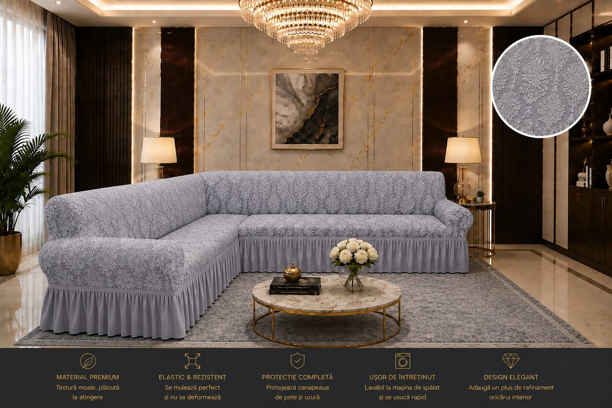 Husa elastica pentru coltar cu volanase, model Jacquard